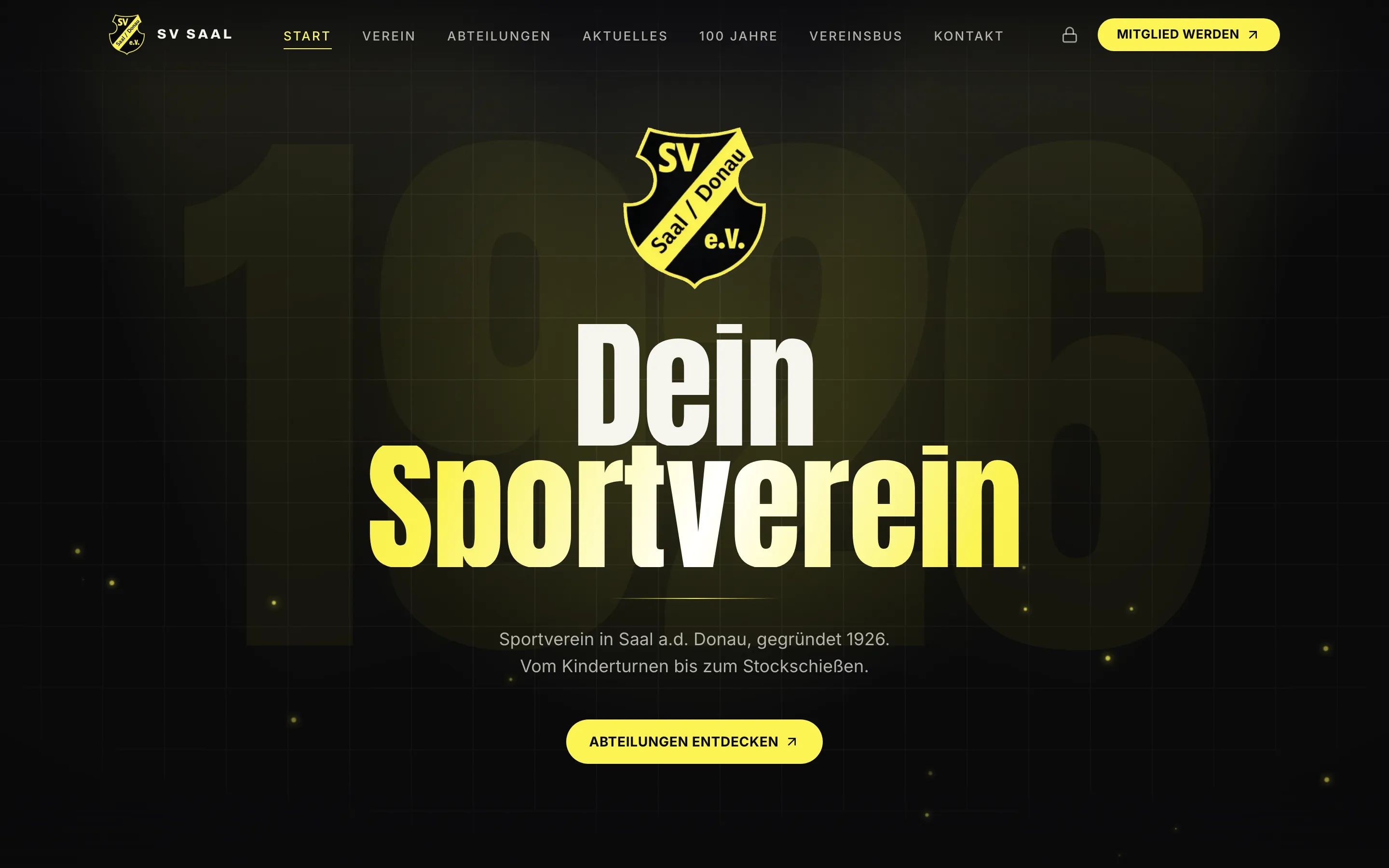 Startseite der Vereinswebsite des SV Saal a.d. Donau: Wappen, die Headline „Dein Sportverein“ in Schwarz-Gelb und der Einstieg zu den neun Abteilungen.